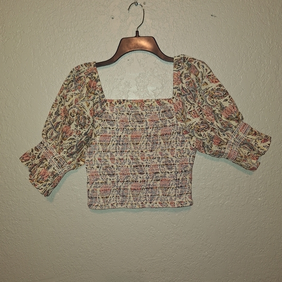 Talisman Square Neck Lotus Floral Print Smocked Firelight Cropped Top S - Picture 4 of 8